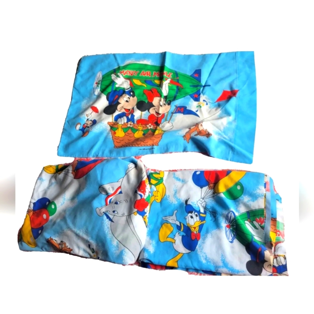 Vintage Disney Mickey Mouse Air Mobile TWIN Sheet Set Pillow Case Fitted Flat